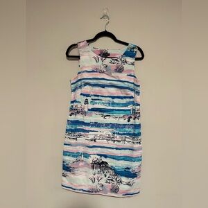 Talbots Sleeveless Cotton Beach Print Dress Size 10 Petite Nautical Resort Prep